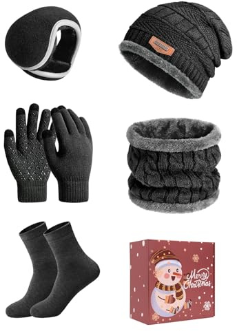 heekpek 5Pcs Ensemble Bonnet Echarpe Gant Homme Tricoté Tour De Cou Doublure Polaire Hiver Beanie Bonnet Chauffe-Oreilles Écharpe Gants à Écran Tactile Chaussettes, Noir