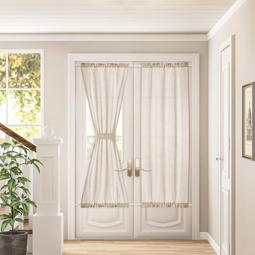 DUKIYO Linen French Farmhouse Door Curtains 2 Panels W25 x L72 Dual Rod Pocket Semitransparent Sliding Door Curtains with Tieback for Privacy Protection Light Filtering Light Coffee