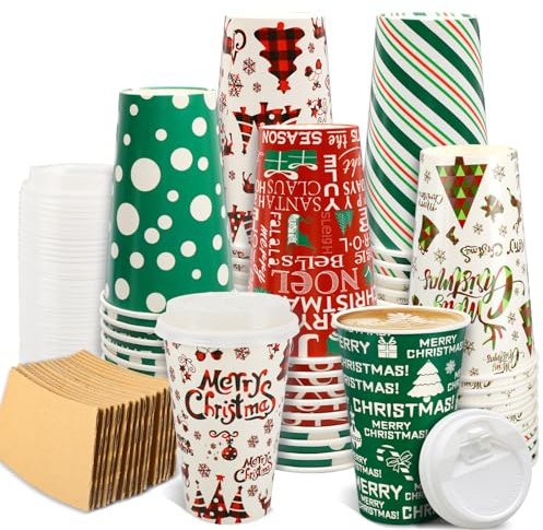BYMIOYA 144 Pcs/48 Sets of 16oz Christmas Disposable Coffee Cups with Lids and Sleeves - 6 Festive Christmas Paper Cup Styles for Winter Xmas Parties, Coffee, Tea, Hot Cocoa, and Xmas Eve Decor