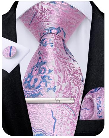 DiBanGu Pink Ties for Men Paisley Pink and Blue Necktie Handkerchief Cufflinks Set Party Wedding Gifts