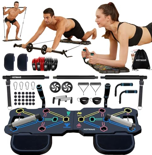 HOTWAVE Portable Workout Equipment with 20 Gym Accessories.Push Up Board &Plank Trainer,Resistance Bands with Ab Wheel,Exercise at Home For Men and Women