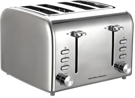 Hamilton Beach Toaster 4 Slice, Rise, 1600W, Brushed & Polished, Stainless Steel, 6 Variable Browning Levels, Removable Crumb Tray, Defrost, Cancel & Reheat Settings, Silver - HB5729