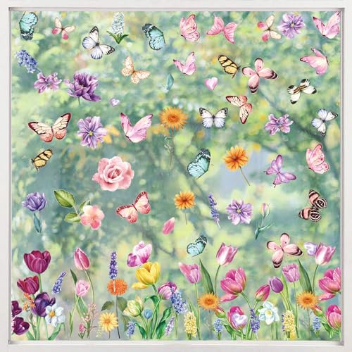KIKISML Fensterbilder Selbstklebend 9 Blätter, Fenstersticker Frühling Mit Schmetterling Blumen, Sommer Fensterdeko, Fensteraufkleber Wiederverwendbare für Kinderzimmer