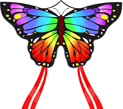 Flying Hoofer Bunt Schmetterlingsdrachen für Kinder & Erwachsene (55''X29''Regenbogen) - einfach zu fliegen für Strand, Anfänger & Familienspaß, großer Einleiner-Drachen mit 300 FT Schnurgriff.