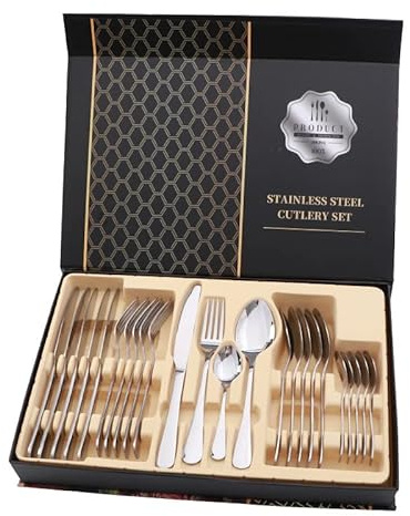 Bestickset Rostfritt Stål Glänsande 24 Delar Biffkniv Gaffelskedset för Restaurang (Silver)