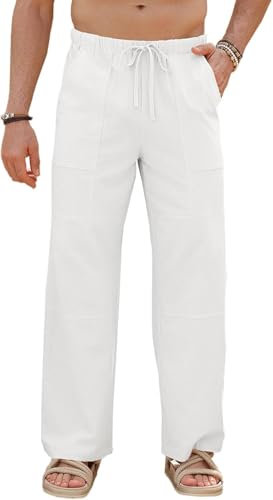 Runcati Herren Hose Baumwolle Straight Leg Yoga Hose Männer Herbst Loose Fit Strand Leicht Einfarbig Freizeithose mit Taschen Elastischer Bund, Weiß, L