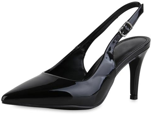 VAN HILL Damen Slingpumps Stiletto Lack Klassisch Schuhe 216220 Schwarz Lack 38