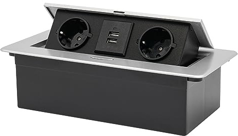 HUSPOO Inbyggt uttag infällbart 2 fack med 2 USB, inbyggd grenuttag bänkskiva med lock, för kök skrivbord arbetsbänk inbyggt uttag med 1,8 m kabel (silver)