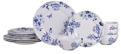 222 Fifth 12-Piece Porcelain Dinnerware Set for 4, White & Blue Plates and Bowls Set, Glossy Ceramic Dish Set with Embossed Toile Pattern, Elegant Kitchen Dishes, Microwave & Dishwasher Safe, Cassian
