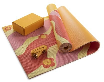 MYGA Yoga Starter Set - 6mm Non-Slip Yoga Mat, Yoga Block and Strap - Starter Kit for Beginners in Pilates, Exercise and Fitness - Choice of Design (Groovy)