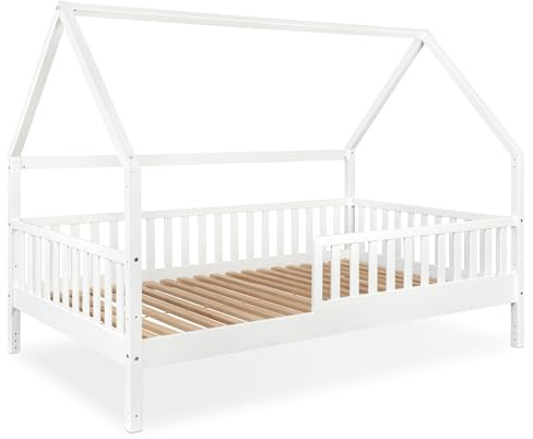 Ehrenkind® Hausbett Buche Livo | FSC Zertifiziert | Kinderbett mit Rausfallschutz | höhenverstellbar Massivholz | Kinder Bett | Hausbett 120x200 cm | weiß