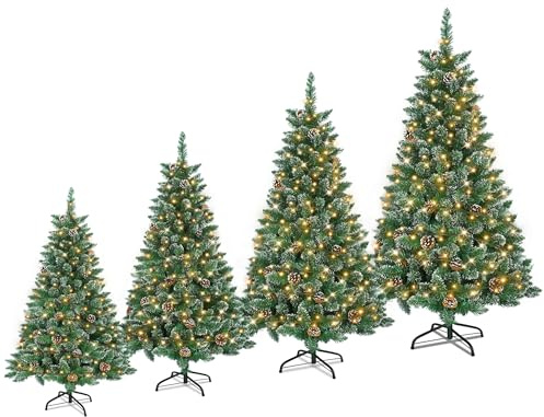 LILIIN 240 cm julgran konstgjord gran med belysning, konstträd vitt och grön med snöeffekt + tallkottar, PVC-julgran inkl. stativ (2,4 m, med belysning)