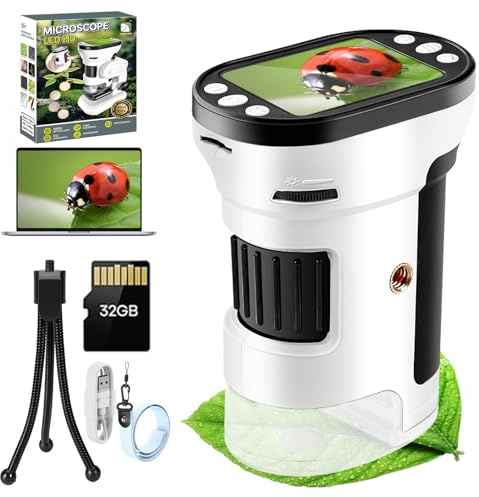 1000X Digital Microscope for Kids, 4K 2.0 Screen Rechargeable Kids Portable Microscopes with 6 Slides Kit, 32GB TF Card, Mini Tripod, Ideal Edu Gift for Kids Age 3-12