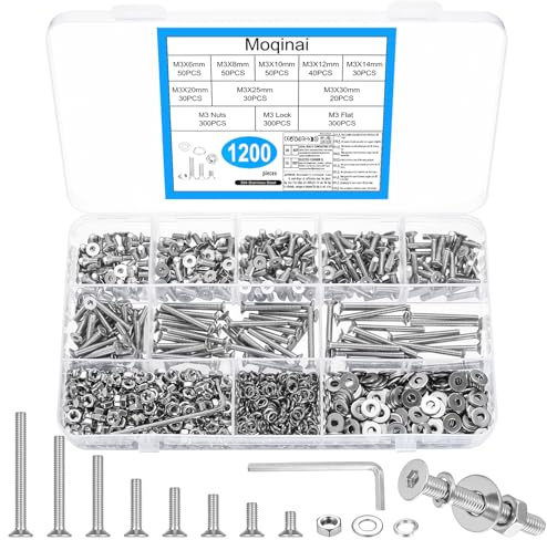 Moqinai 1200 Stück M3 Schrauben Set, Edelstahl Senkkopfschrauben Muttern Sets, Edelstahl Sechskantschrauben und Muttern Sets, Metrisch Innensechskantschrauben Set und Unterlegscheiben Kit