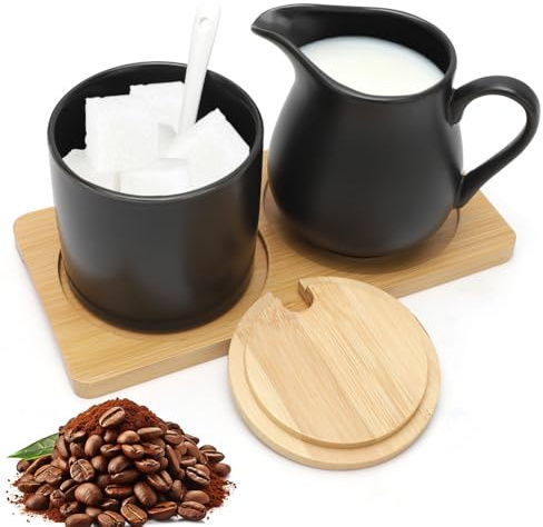 RANJIMA Set latte e zucchero, bricco per il latte in ceramica e zuccheriera con coperchio e cucchiaio, zuccheriera barista con vassoio in legno, brocca in ceramica per il latte (nero)