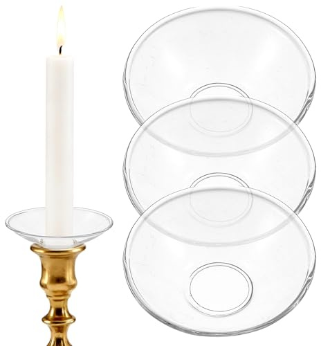 PEOVLVN 3 protectores de goteo de velas, bobeches de vidrio para candelabros, anillos colectores de cera para candelabros, bodas, fiestas, iglesia, hogar, centro de mesa (redondo, transparente)