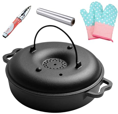 Bandeja de horno para asados con tapa – Asador para patatas dulces de hierro fundido con pinza y guantes, olla para asados – Para barbacoa, parrilla y hornillo para verduras, patatas dulces, maíz y