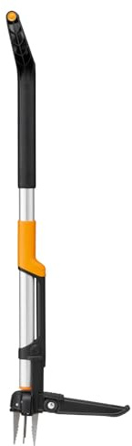 Fiskars X-Series Unkrautstecher, Ausziehbarer Unkrautentferner mit 4 Edelstahlkrallen, D-förmiger Griff, Verlängerbar auf 120 cm, Auswurfsystem, Klappbare Fußplatte, Schwarz/Orange, 1082709