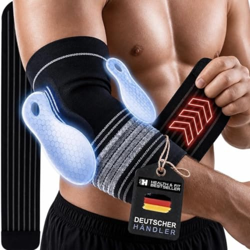 HEALTH & FIT Premium armbågsbandage med 2 × gelkuddar – kompressionsbandage med 2 × halkfria silikonremsor och fixeringsslinga, justerbar och ergonomisk, för sport, arbete och vardag (S/M)