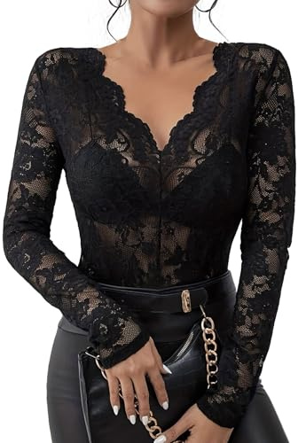 Top Dentelle Femme Chic et Elegant Chemisier Femme Transparent Col V Profond Manche Longue Haut Moulant Sexy Bodysuit Clubwear Soirée Mode A_Noir, L