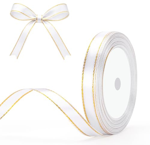 G2PLUS Nastro Bianco con bordo dorato: 10 mm x 22 m Nastro regalo per Artigianato,confezioni regalo,decorazioni per matrimoni,bouquet e fai da te