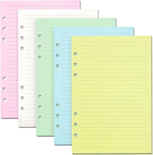 Lined Refill Paper 200 Sheet A5 Coloured for Filofax, 6 Punched Holes Loose-Leaf Refillable Lined Paper, 6 Ring Binder Journal Notebook A5 Diary Planner Inserts Refills for Notes Meeting Travel Record