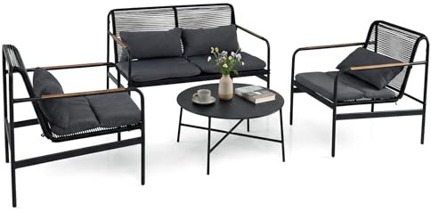 COSTWAY Conjunto Jardín Exterior de Ratán de 4 Piezas, Conjunto de Sofá de Conversación Exterior de Mimbre con Estructura Metálica, Cojines, Ratán PE y 2 Sillones con Mesa para Porche Jardín Balcón