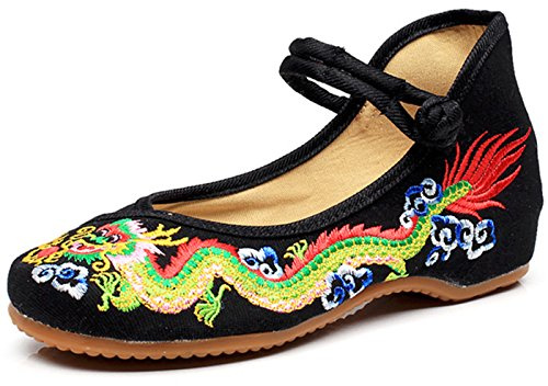 Qhome Womens Chinese Traditional Dragon Embroidery Flats Cheongsam Walking Mary Jane Shoes Black