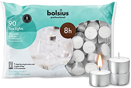 Bolsius Professional Tealights (Pack of 90), White, 8-Hour Burn Time, Cotton Wick, 0% Animal Fat, Clean No-Smoke Burning, Restaurant Café Dining Tea Lights, DJ759