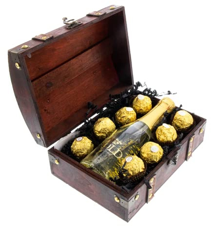 Bull & Bear Geschenk Mini-Truhe Gold-Schätzchen, 12 × 8 × 8 cm, kleine Schatzkiste aus Holz mit 0,2 l Sekt mit echtem Blattgold und 8 Ferrero Rocher Pralinen