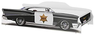 iGLOBAL Sheriff Kinderbett Autobett Cars Bett Jugendbett Juniorbett Bett mit Lattenrost Stellage Schaumstoffmatratze 140 x 70 cm