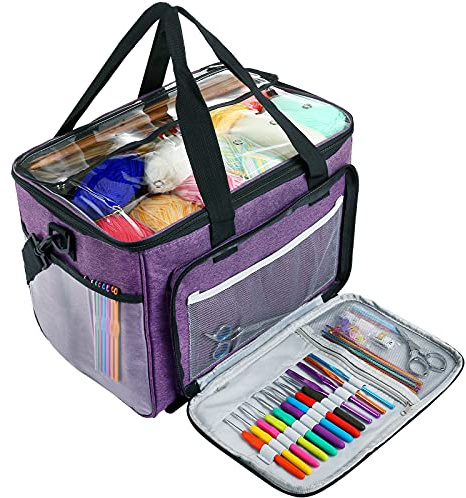 LEMESO Borsa a Maglia per Maglieria Lana Porta Lavoro Unicetto Custodia Filati Trasporto Conservazione Materiali per Cucito Inverno Sacco Organizer Tasche Scomparti Accessori Cuciture con Manico