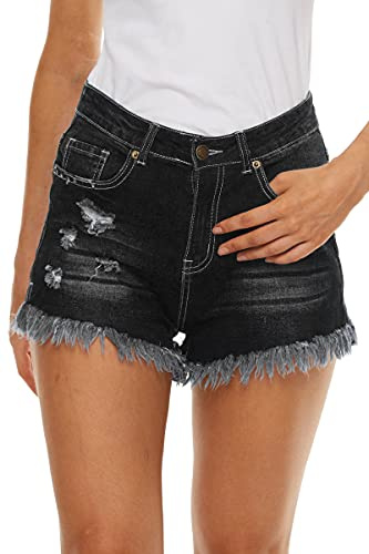HVEPUO Kurze Schwarze Paperbag Luftige Hosen Damen Sexy Sommer Sachen Skinny Ripped Mum Jeans Stretch Quast Hot Pants Teenager Mädchen Schwarze S