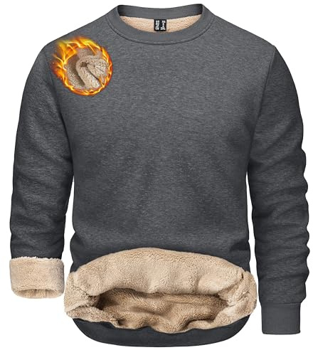 TACVASEN Mens Fleece Lined Sweatshirt Thermal Plain Work Jumper Round Neck Pullover Sweater Winter Tops Dark Grey,M