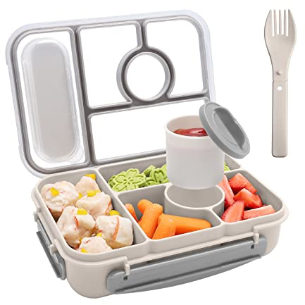 Amathley Bento Box Adult Lunch Box Kids,Lunch Containers for Adults/Kids/Toddler,5 Compartments Bento Lunch Box with Sauce Vontainers,Microwave & Dishwasher & Freezer Safe,BPA-Free (White)