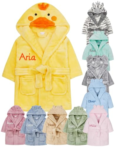 Personalised Baby Bathrobe Hooded Fleece Dressing Gown Super Soft Gifts Robe For Boys Girls Cute Teddy Ears (3-4 Duck)