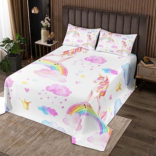 Loussiesd Mädchen Einhorn Tagesdecke Rosa Regenbogen Einhorn Steppdecke 240x260cm Karikatur Pferd verträumt Märchen Bettüberwurf für Kinder Teenager Frauen Dekorativ Süß Schön Einhorn Muster Decke