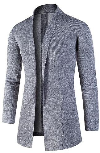 Duohropke Chaqueta de punto larga vintage para hombre de primavera, corte ajustado, abrigo de punto, chaqueta abierta, cárdigan sudadera, sudadera de punto, gris, M