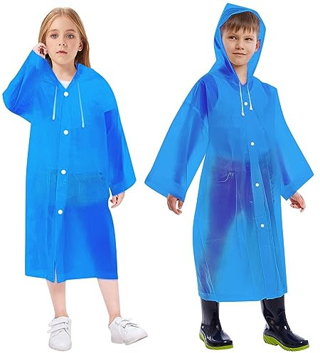 Vicloon Kinder Regenmantel, 2 Stück Regenponcho Kinder, Wiederverwendbar Transparent Regenmantel EVA für Reisen, Wandern, Radfahren & Camping(Blau)