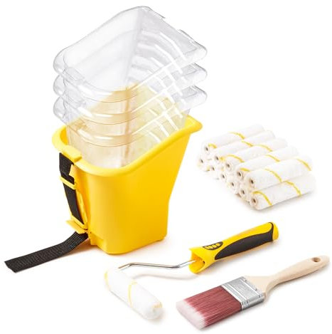 Voomey Vasos de pintura, cubo de pintura de mano, rodillo de pintura de 4 pulgadas, pincel de pintura, agarre magnético integrado, adecuado para decoración, reparaciones, pequeños proyectos de pintura