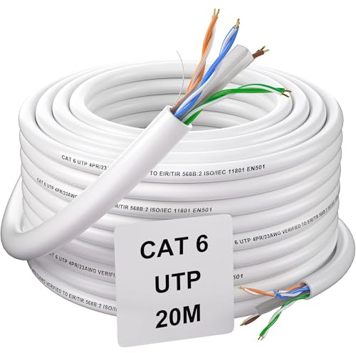 Soibke Nätverkskabel 20m Cat 6, Internetkabel Utomhus Ethernet Cable | Väderbeständig UTP 23AWG LAN Kabel Hög Hastighets Patchkabel Långa Bulk Vit Installationskabel