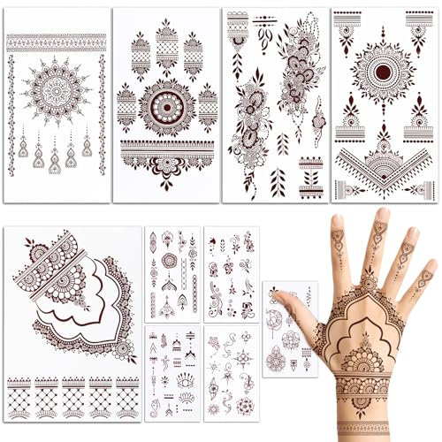 10 Feuilles Tatouages Temporaires Brun Faux Tatouage Éphémère Mandala Fleur Autocollant Dentelle Imperméable Visage Sticker Décoration DIY pour Fête Musique Soirée Anniversaire Carnaval