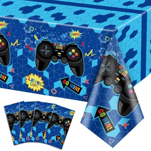 PIXHOTUL 4 Pcs Video Game Party Tablecloths, 130 x 270cm Plastic Disposable Table Covers Blue Gaming Birthday Party Decorations for Boys Kids' Party Supplies