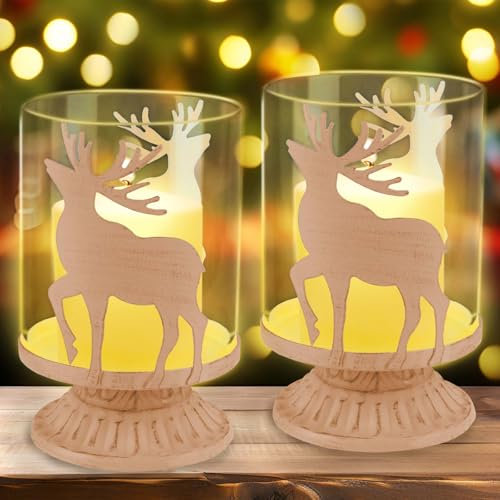 2 Pezzi Portacandele Cervo Vintage Shabby Uragano con Corna Renna per Decorazione Natalizia Tavola