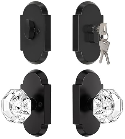 BonKuDoo Crystal Door Knobs Interior, Keyed Alike Glass Door Knobs with Single Cylinder Deadbolt Lock Set, Passage Knob for Interior/Exterior Doors, Matte Black