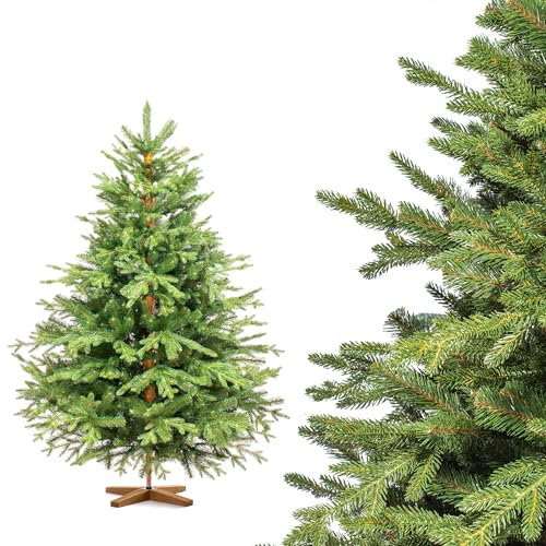 FairyTrees Weihnachtsbaum künstlich 150 cm ALPENTANNE Premium mit Christbaum Holzständer | Tannenbaum künstlich mit Naturgetreue Spritzguss Elemente | Made in EU |