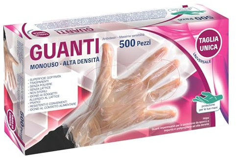 Bottari Guanti Monouso in HDPE Senza Polvere, 500 Pezzi, Resistenti per Pulizia, Alimenti, Giardinaggio, Bricolage e Casa