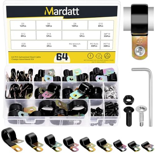 Mardatt 160Pcs 9 Sizes 5mm-25mm Vinyl Coated Cable Clamps with Screws Kit, Galvanized Steel Rubber Coated Cushioned Insulated Cable Clamp, Metal Clamp Pipe Clamps P Clips for Pipe Tube Line