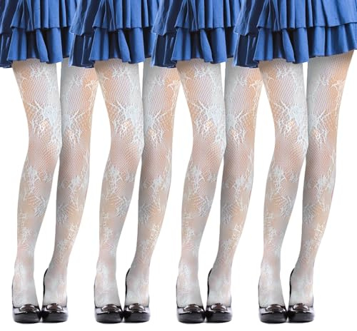 UILYNIU 4 Paia Collant Donna, Collant Donna Fantasia, Lace Collant, Collant da Donna Fantasia a Rete Floreale Calze, Hollow Out Floral Collant, Sexy Collant Leggings, Taglia Unica (Bianco)