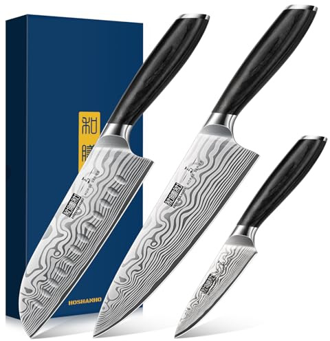 HOSHANHO 3 Pcs Knife Set, Professional Kitchen Knife Set, Pakkawood Handle | Ultra Sharp Chef Knives Set for Kitchen High Carbon Powder Steel, Japanese Cooking Knife Set with Elegant Gift Box